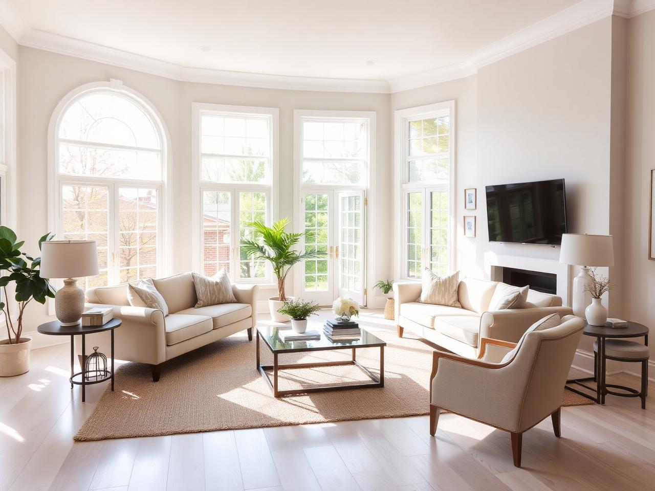 Staged living room with neutral furniture and large windows, prepared for a home listing.